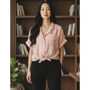 Self Contrast 100% Linen Button Front Blouse Tie Front Top Size S NWT